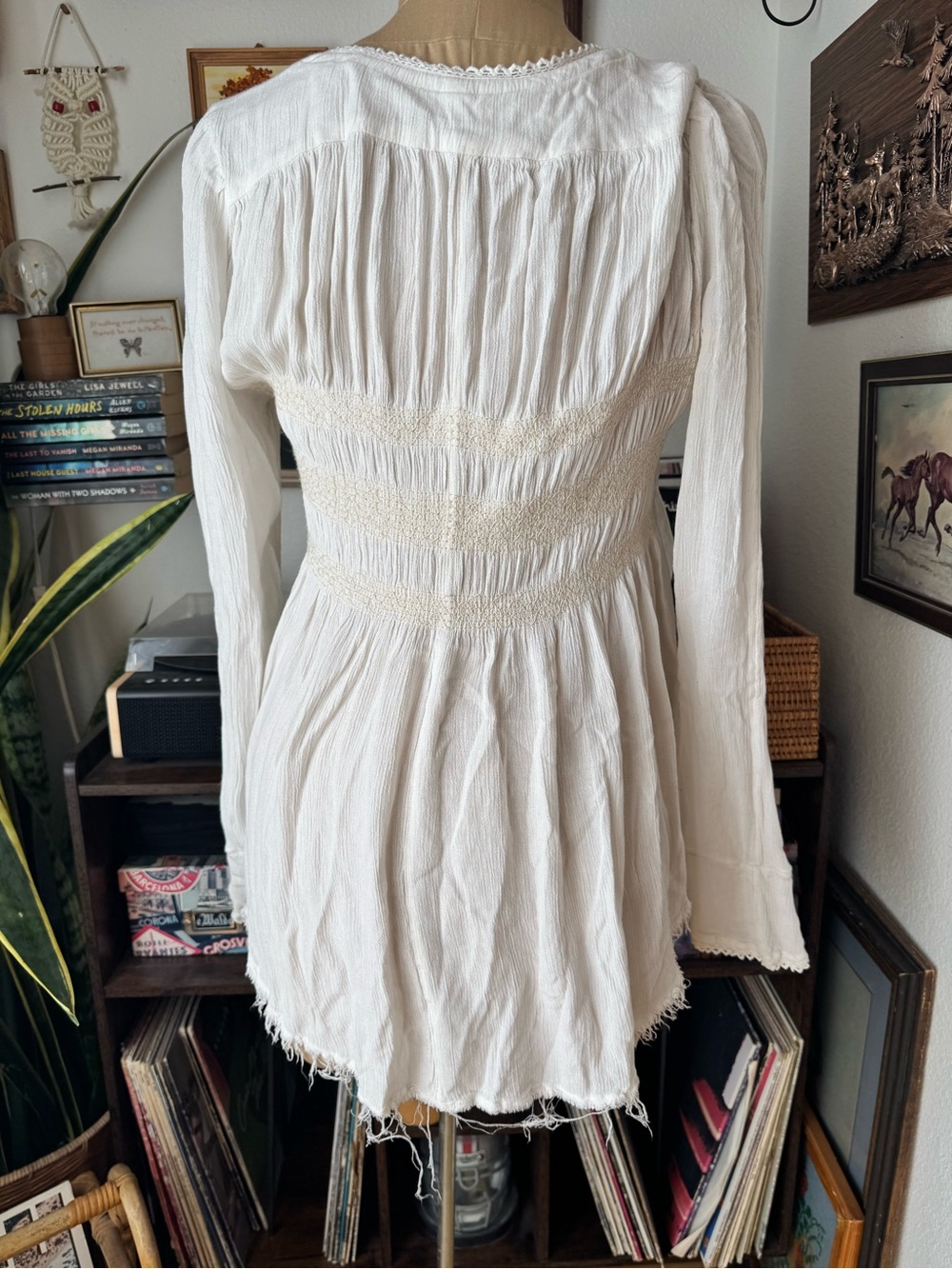 Free People Smocked Top Gauze Flowy Oversized Tunic Ivory Large Boho - Picture 3 of 10